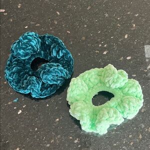 Set of Two New Hand Knit Chenille Scrunchies in Green- Teal and Mint